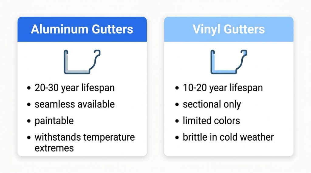 Side by side comparison infographic of aluminum and vinyl gutters showing lifespan, installation type, color options, and weather resistance differences