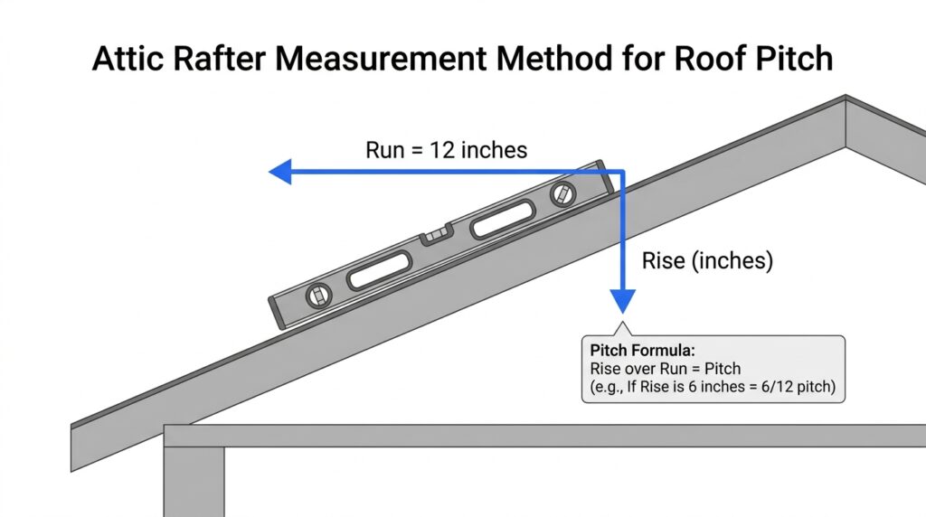 Diagram showing how to measure roof pitch from inside an attic using a 12 inch level and tape measure on a rafter