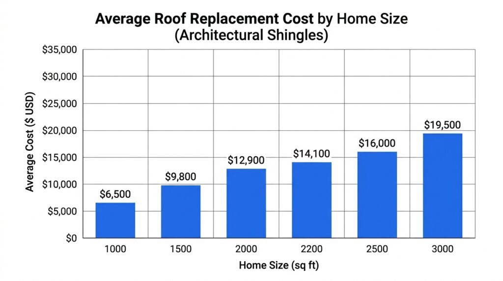 Bar chart showing average new roof replacement cost ranging from $8,500 for a 1000 square foot home to $21,000 for a 3000 square foot home
