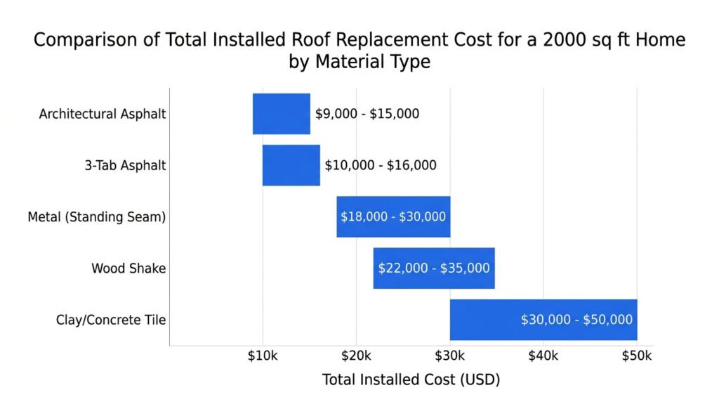 Horizontal bar chart comparing roof replacement costs for a 2000 square foot home across five roofing materials from asphalt shingles to clay tile