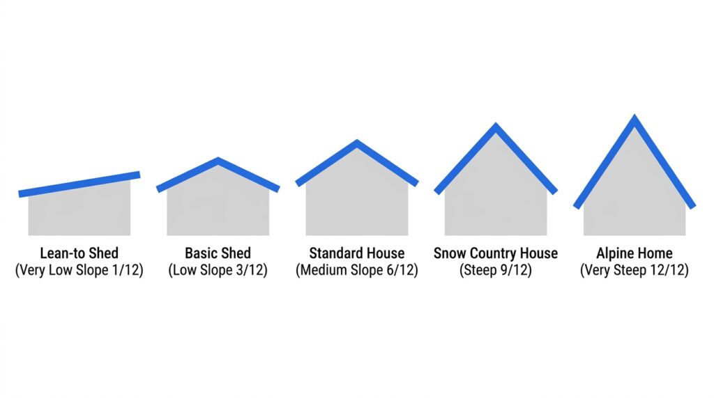 Infographic showing five building silhouettes with roof pitches from 1/12 lean-to shed to 12/12 steep alpine home with structure labels