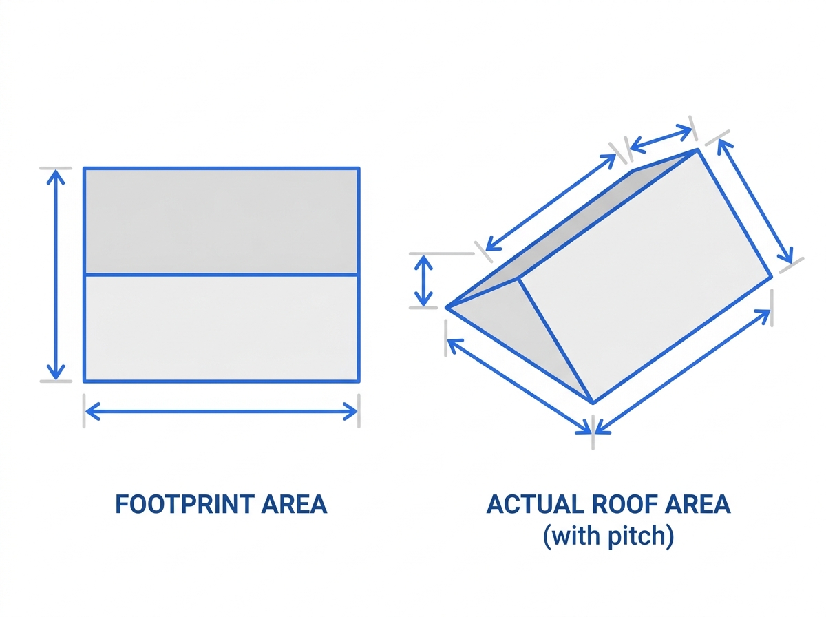 Diagram comparing a roof's flat footprint area to its actual surface area once roof pitch is applied