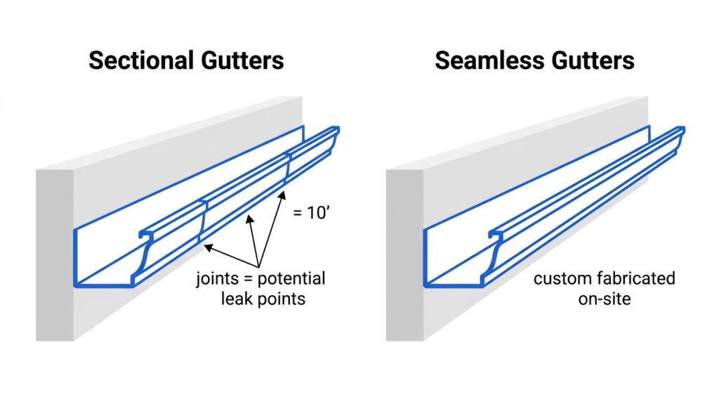 Diagram comparing seamless gutters with no joints versus sectional gutters with joint connections every 10 feet