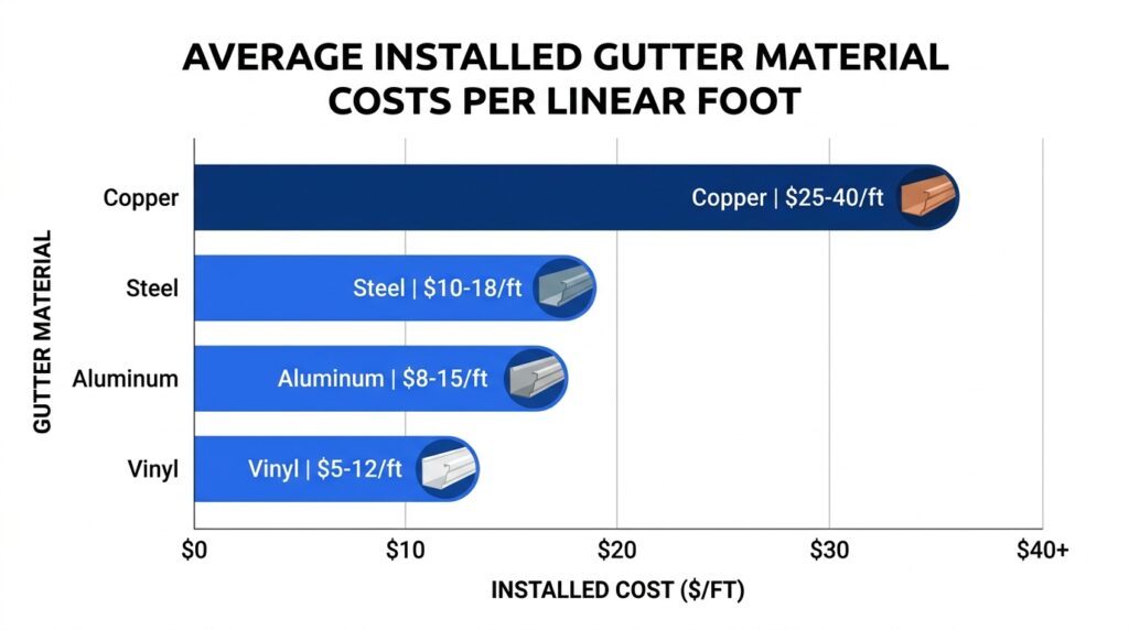 Horizontal bar chart comparing installed gutter costs per linear foot for vinyl, aluminum, steel, and copper materials