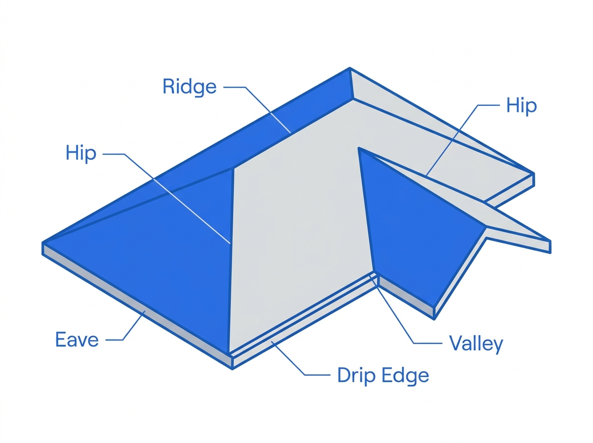 Labeled diagram of a hip roof showing the ridge, hip, eave, drip edge, and valley sections that affect roofing cost and complexity