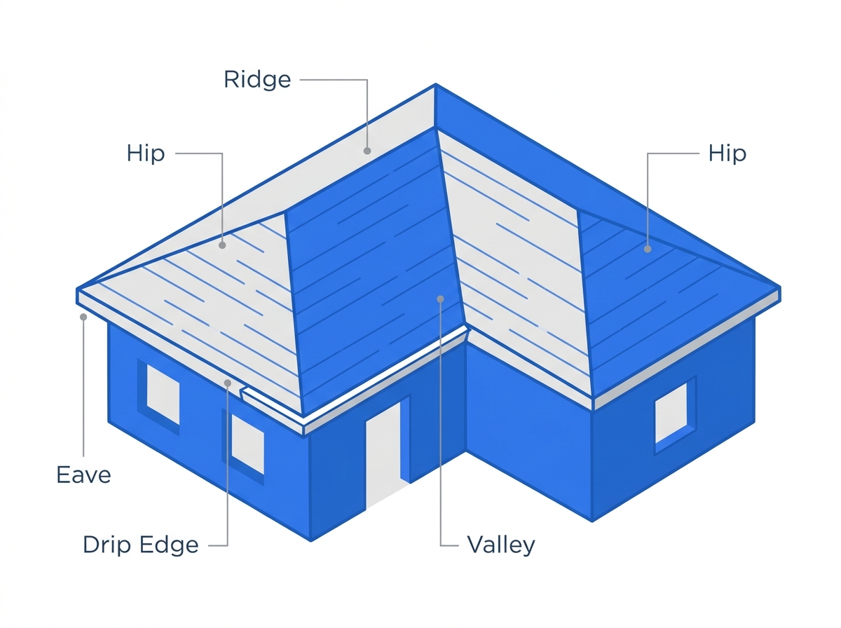 Labeled diagram of a hip roof showing the ridge, hip, eave, drip edge, and valley sections