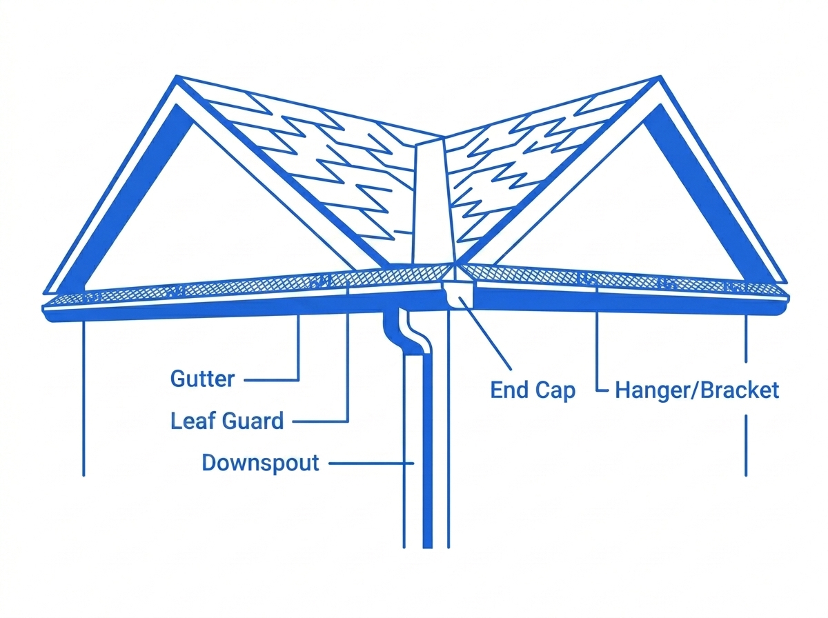 Diagram of a house corner showing gutter, downspout, end cap, and hanger placement along the roofline