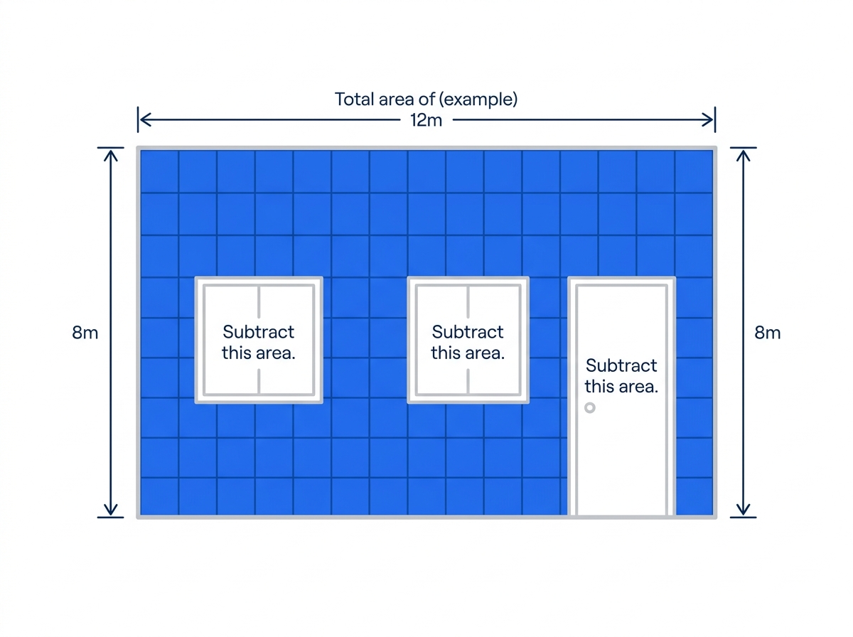 Diagram of a house exterior wall showing total wall area with windows and door openings marked for subtraction before calculating siding needed
