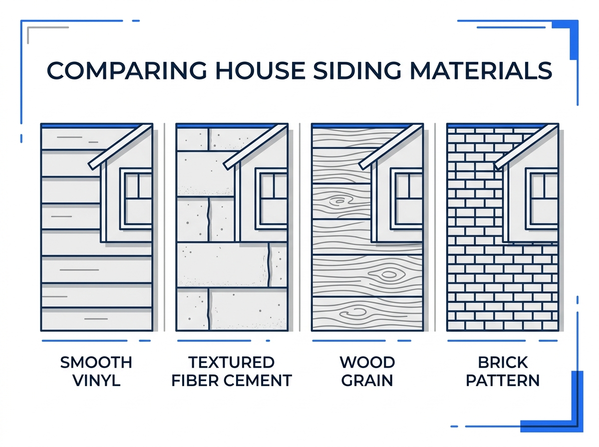 Comparison illustration of four siding material types - vinyl, fiber cement, wood, and brick veneer - shown as facade swatches