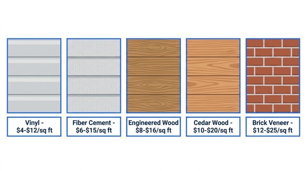 Infographic comparing five siding material types - vinyl, fiber cement, engineered wood, cedar, and brick veneer - with installed cost ranges per square foot