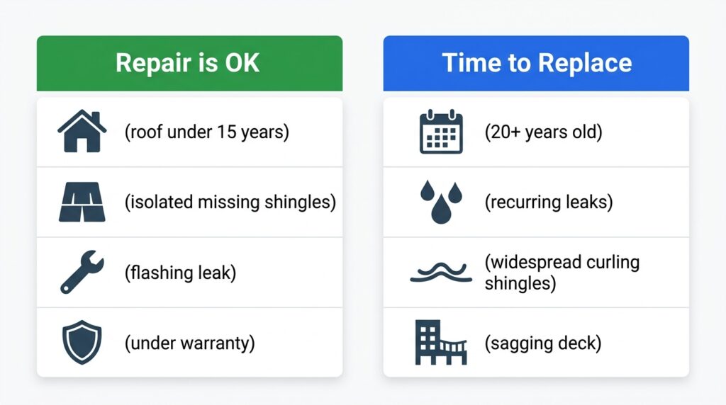 Infographic comparing signs that indicate roof repair is sufficient versus signs that indicate full roof replacement is needed