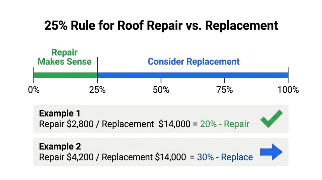 Infographic showing the 25 percent rule for deciding between roof repair and replacement with two worked examples
