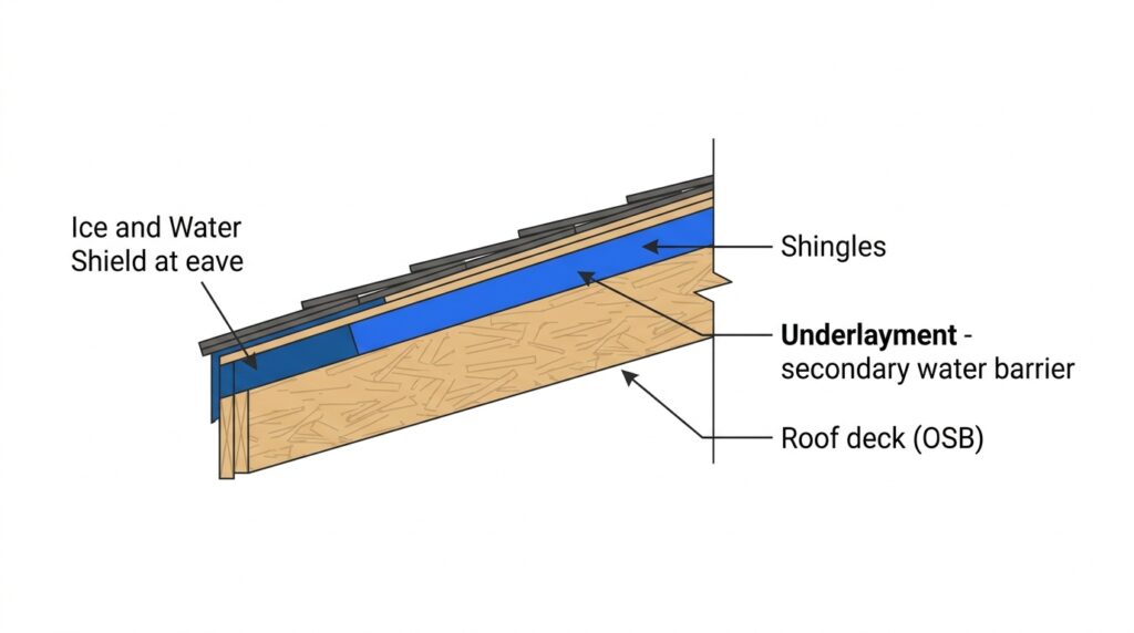 Cross section diagram showing roofing underlayment position between the roof deck and shingles with ice and water shield highlighted at the eave