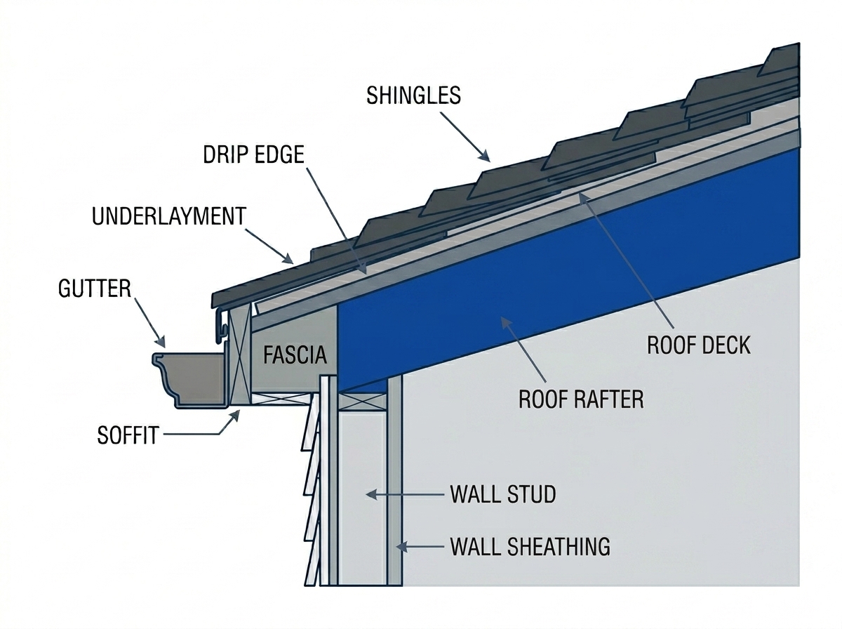 Cross section diagram showing the layers of a roof from the roof deck up through underlayment, drip edge, and shingles