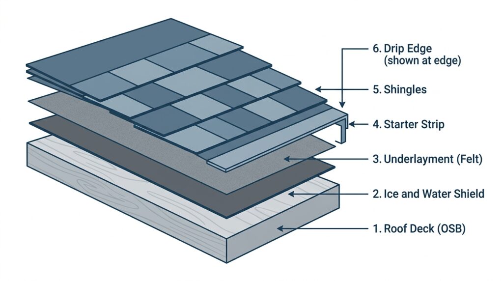 Cross section diagram showing all roofing material layers from roof deck at bottom through underlayment, ice and water shield, starter strip, to shingles at top