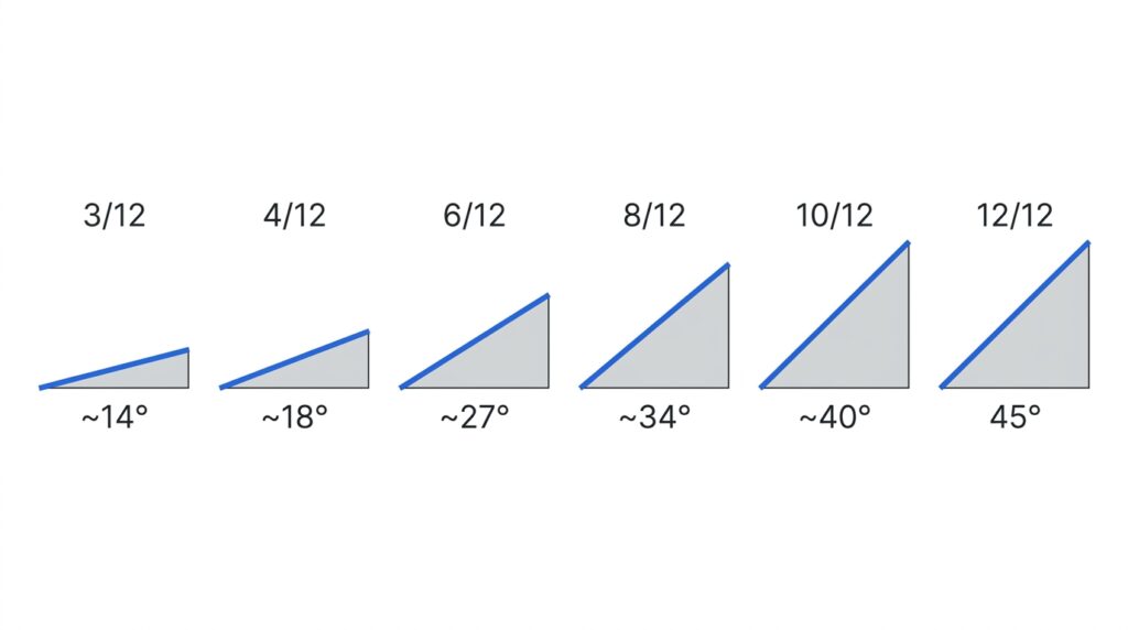 Diagram comparing common residential roof pitches from 3/12 to 12/12 showing the angle in degrees for each pitch ratio