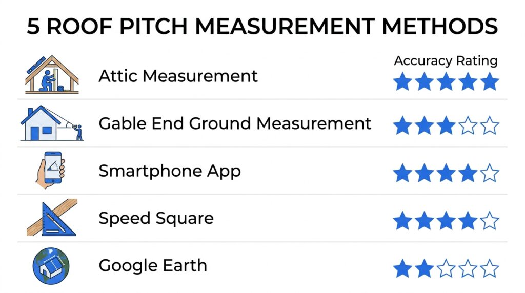 Infographic comparing five methods to measure roof pitch showing accuracy rating from attic measurement at highest to Google Earth at lowest