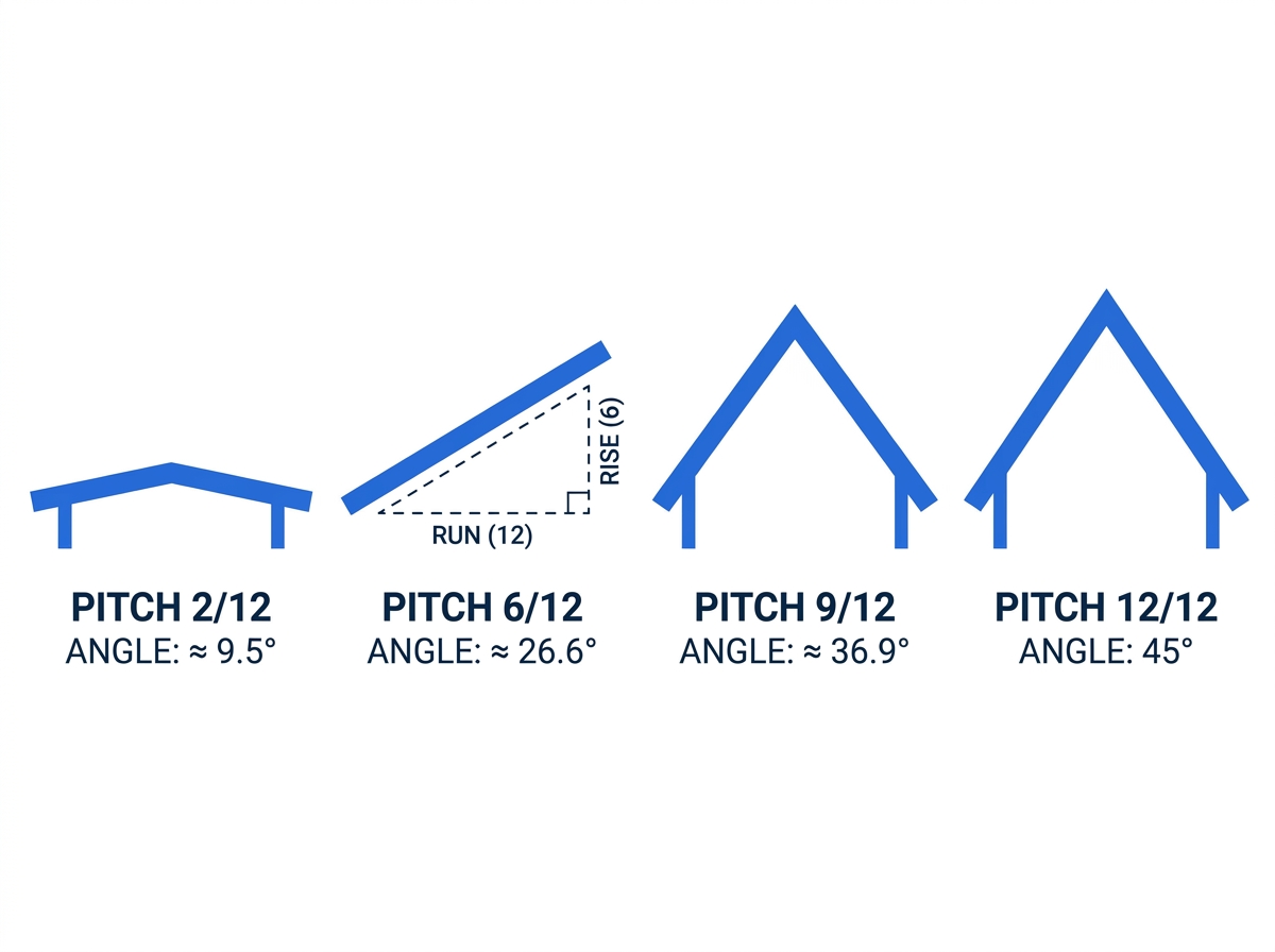Side by side comparison of roof cross sections at 2/12, 6/12, 9/12, and 12/12 pitch with corresponding angles in degrees
