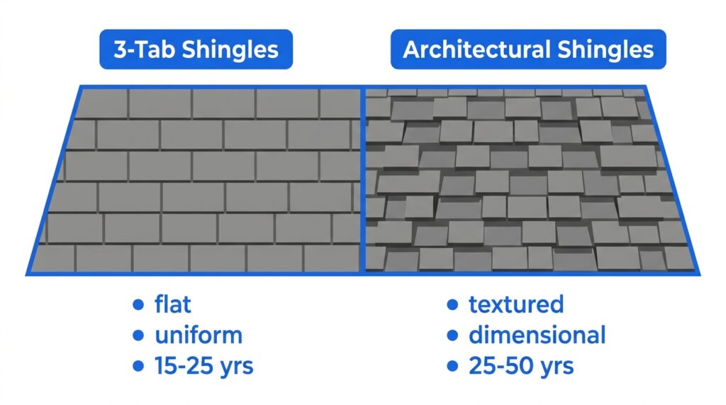 Side by side illustration comparing flat 3-tab shingles with dimensional architectural shingles showing the visual and structural differences