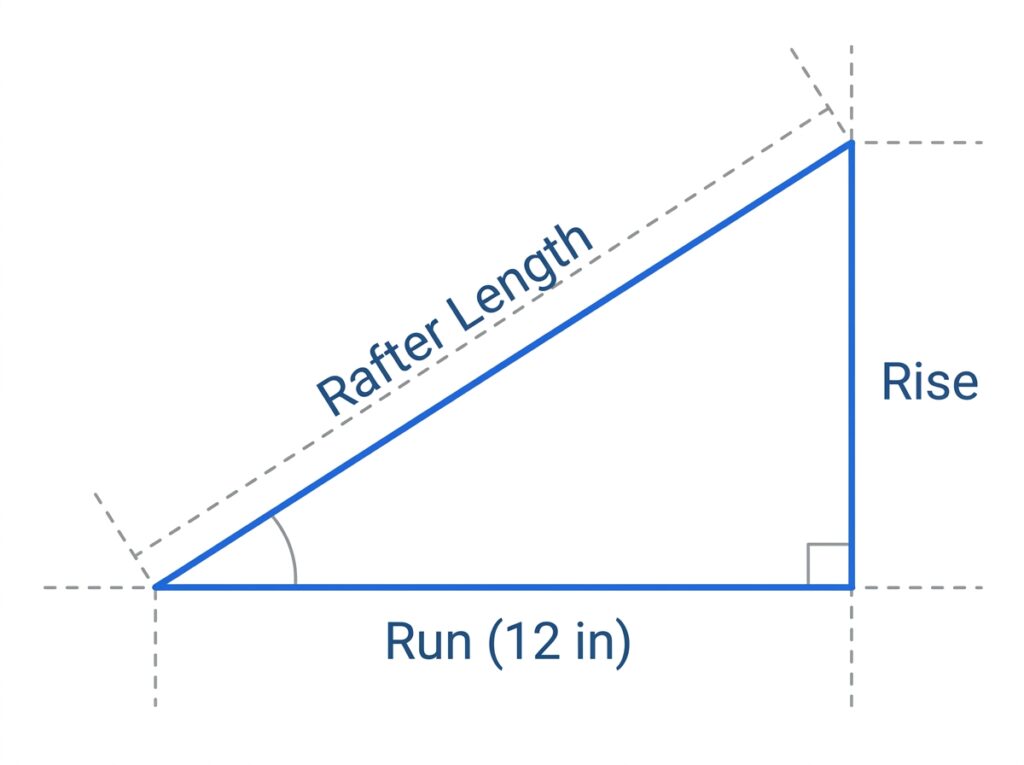 Right triangle diagram showing roof rise, run, rafter length, and pitch angle used to calculate roof slope