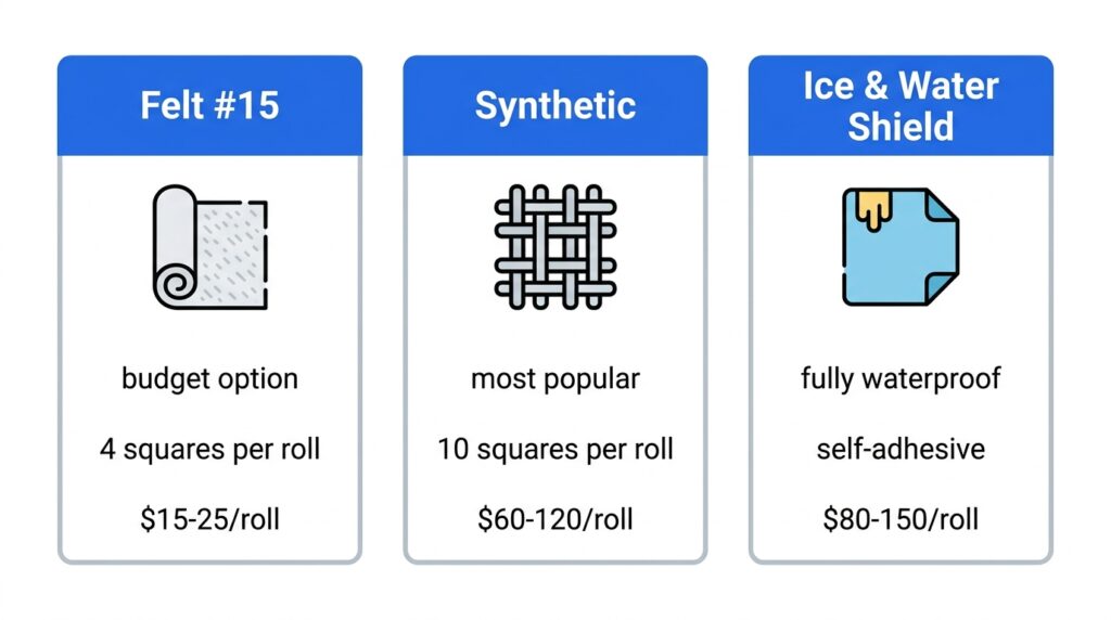 Comparison infographic showing three types of roofing underlayment - felt 15, synthetic, and ice and water shield - with coverage and cost details