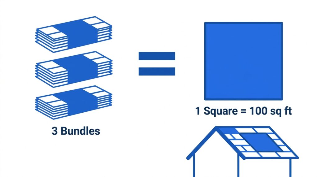 Infographic showing that 3 shingle bundles equal one roofing square covering 100 square feet