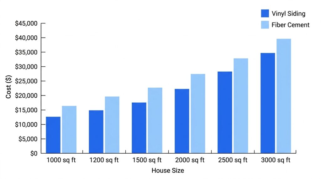Bar chart comparing vinyl siding and fiber cement siding costs for house sizes from 1000 to 3000 square feet