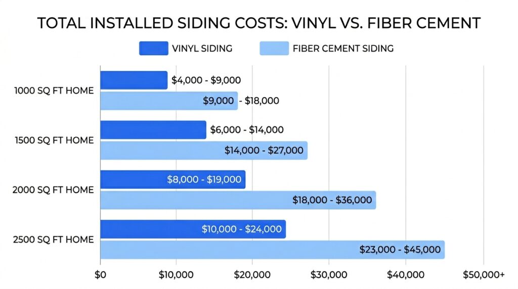 Bar chart comparing total installed costs of vinyl siding versus fiber cement siding for homes ranging from 1000 to 2500 square feet