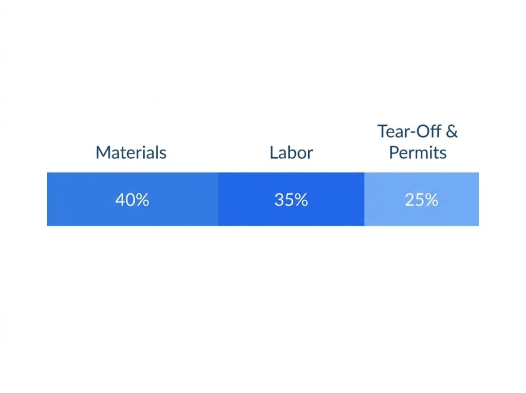 Horizontal bar chart showing a typical roofing project cost split between materials, labor, and tear-off and permit costs