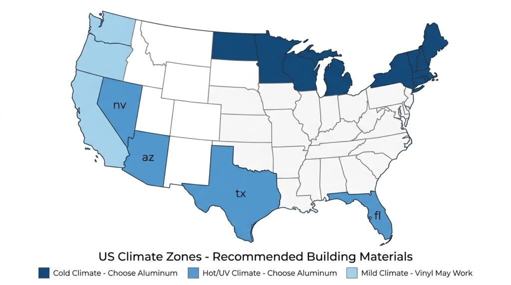 Map of the United States showing recommended gutter material by climate zone with cold and hot climates recommending aluminum and mild climates where vinyl may work