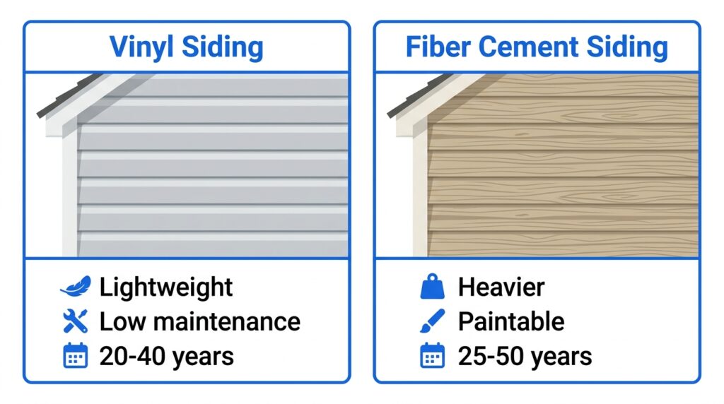 Side by side comparison of vinyl siding and fiber cement siding textures with key characteristics listed below each