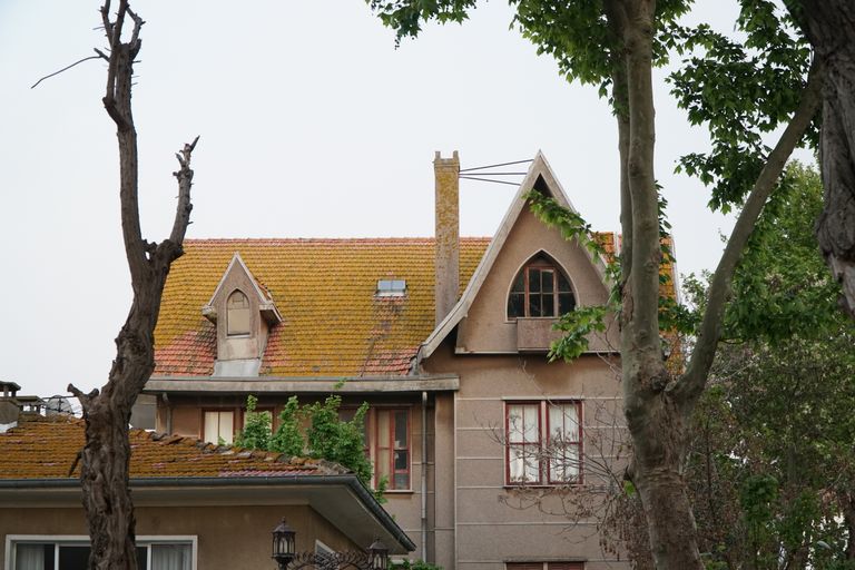 Residential house with clearly visible steep roof pitch showing traditional gable roof construction