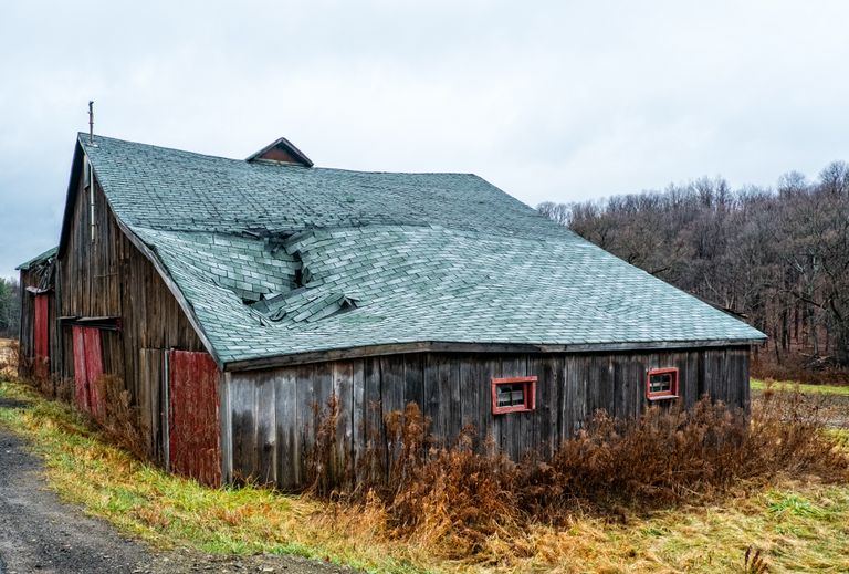 Damaged asphalt shingles on an aging residential roof showing curling and granule loss indicating need for replacement