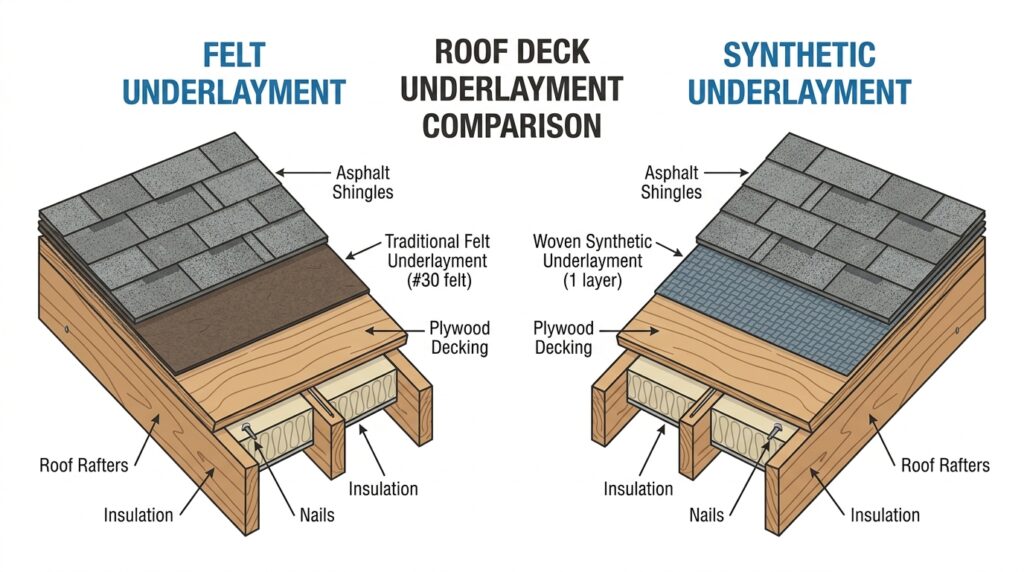 minimal technical illustration comparing Felt Underlayment and Synthetic Underlayment side by side.