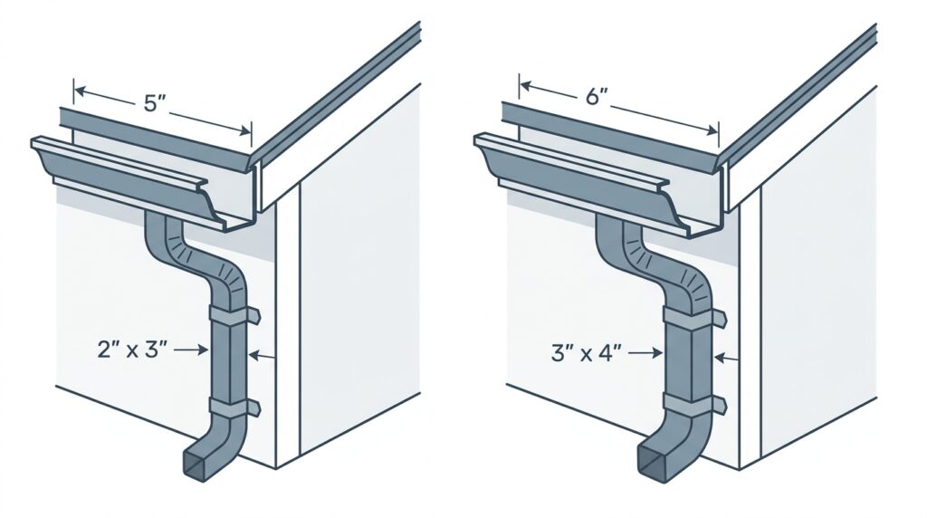Clean technical line-art illustration on a white background comparing two house corner rain gutter systems side by side. On the left, a 5-inch K-style gutter connects to a 2x3 inch downspout. On the right, a wider 6-inch K-style gutter connects to a 3x4 inch downspout. Both sections feature muted blue-gray tones with clear dimension labels and arrows indicating measurements.