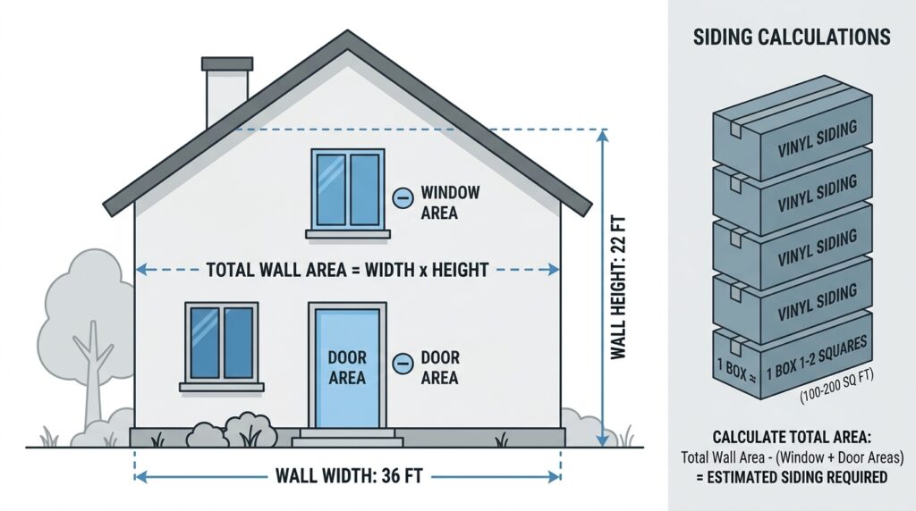 minimal technical illustration of the house wall measurements and siding calculation infographic